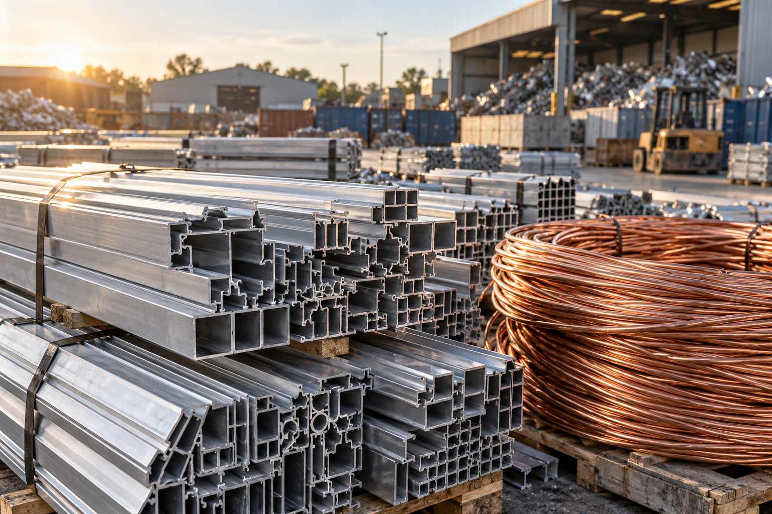 Illustrative sorted aluminium and copper at a generic recycling yard